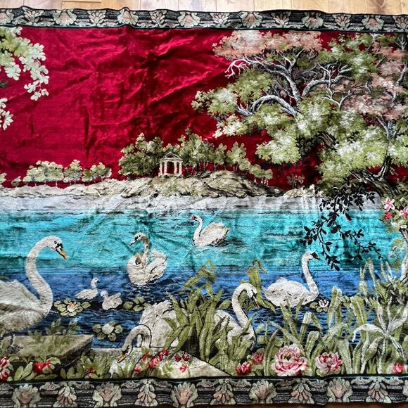 Vintage Ornate Swan Lake Floral Bird Tapestry 46”x68” Moroccan - Picture 4 of 8